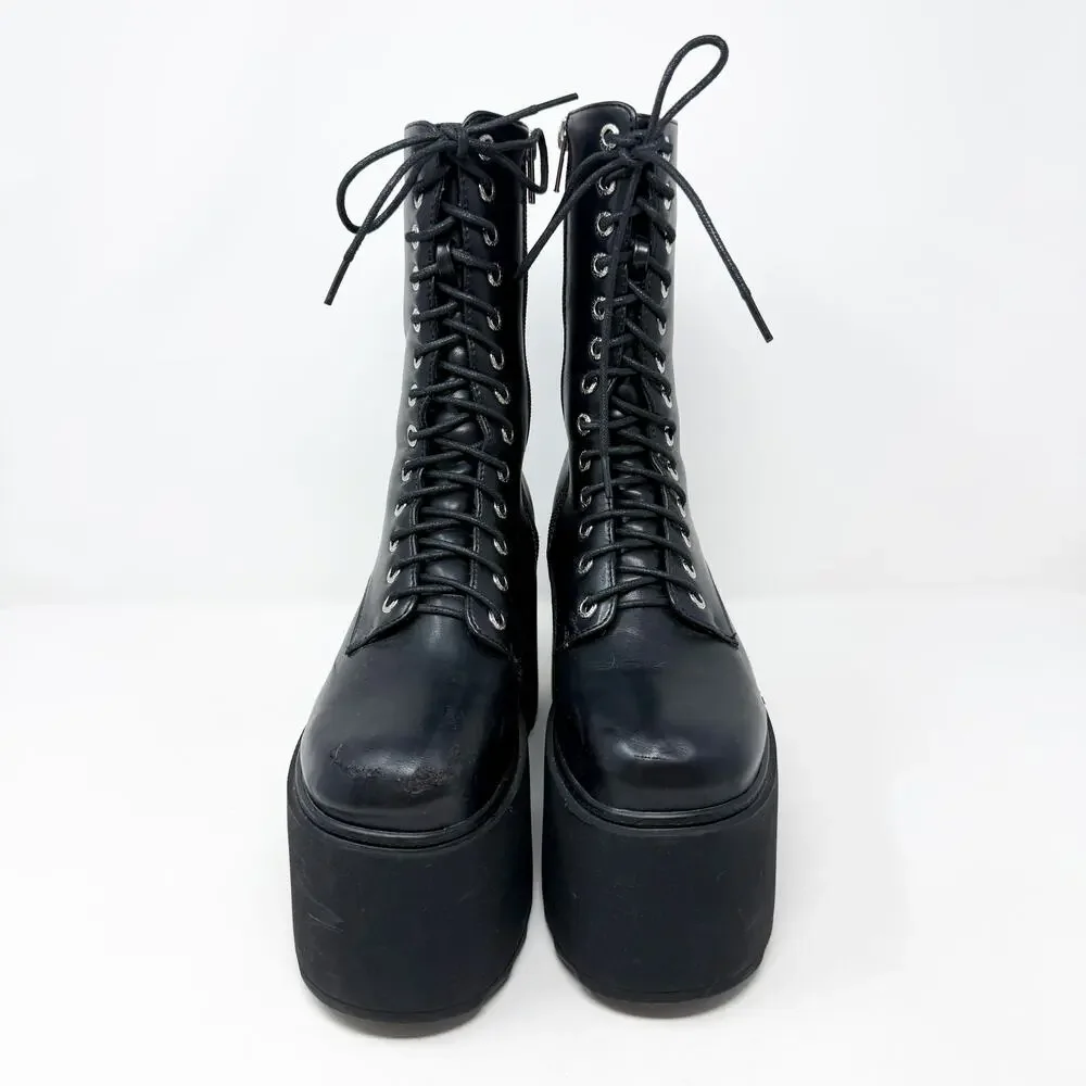 Lamoda Black Faux Leather Chunky Platform Goth Combat Boots 4UK Lace Up/Side Zip